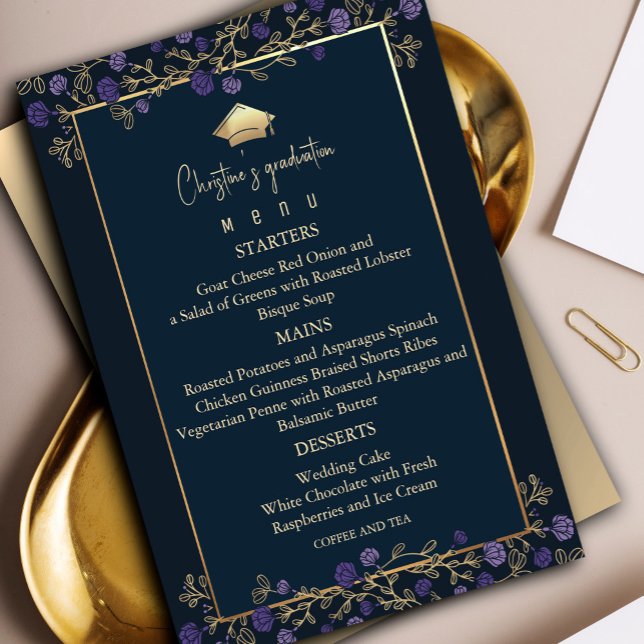 Invitación Elegante menú de la fiesta de graduación de la Mar (Elegant Navy Blue and Gold Graduation Party Invitation, #purplegraduate #paurplegoldinvitation)
