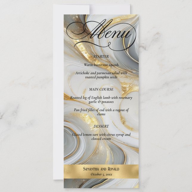 Invitación Elegante menú Faux Gold Gray White Marble Boda (Anverso)