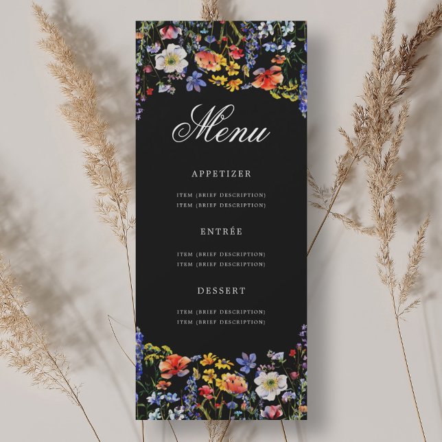 Invitación Elegante menú Floral 70th Birthday Black (Elegant Floral 70th Birthday Menu Black Invitation)