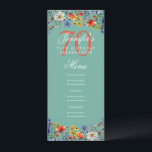 Invitación Elegante menú floral 70th Birthday Party Verde azu<br><div class="desc">Elegante diseño de "Menú de Fiesta de Cumpleaños" con acuarelas y texto personalizado.</div>