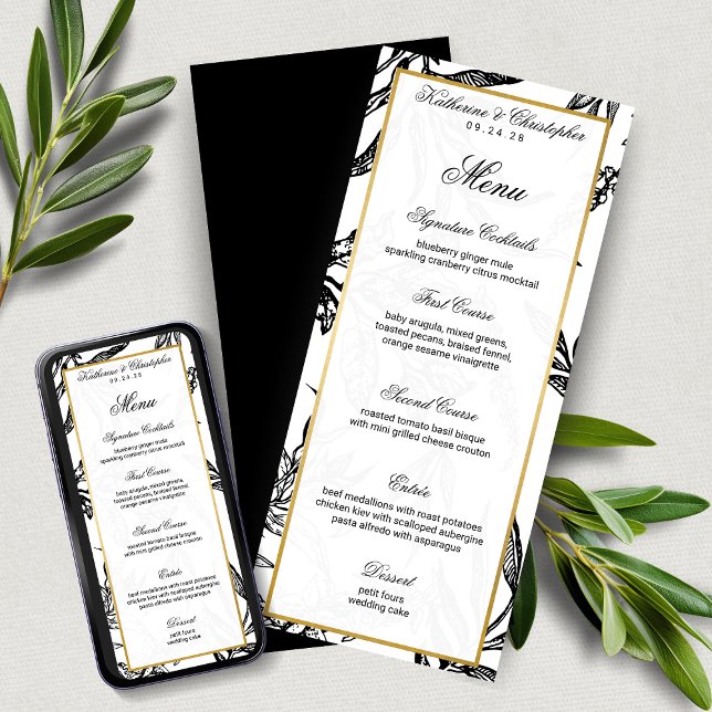 Invitación Elegante menú formal del Boda botánico de oro negr (Elegant Formal Black Gold Botanical Wedding Menu with Digital Download Option)