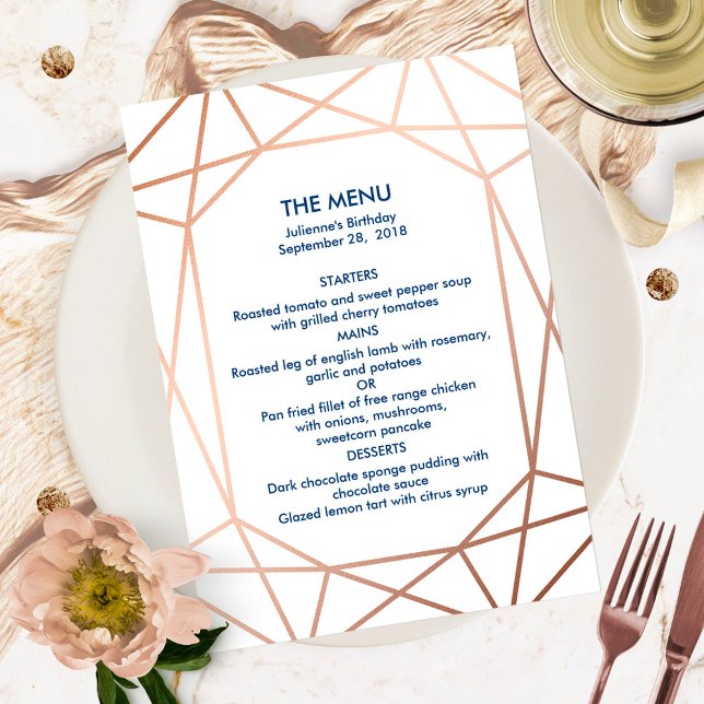Invitación Elegante menú geométrico Rosa dorado y azul marino (Subido por el creador)