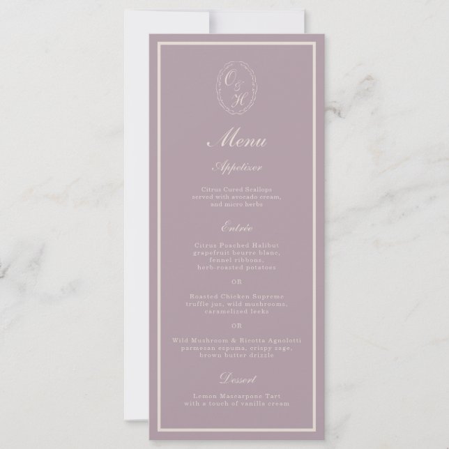 Invitación Elegante Menú Largo de Boda con Monograma en Malva (Anverso)
