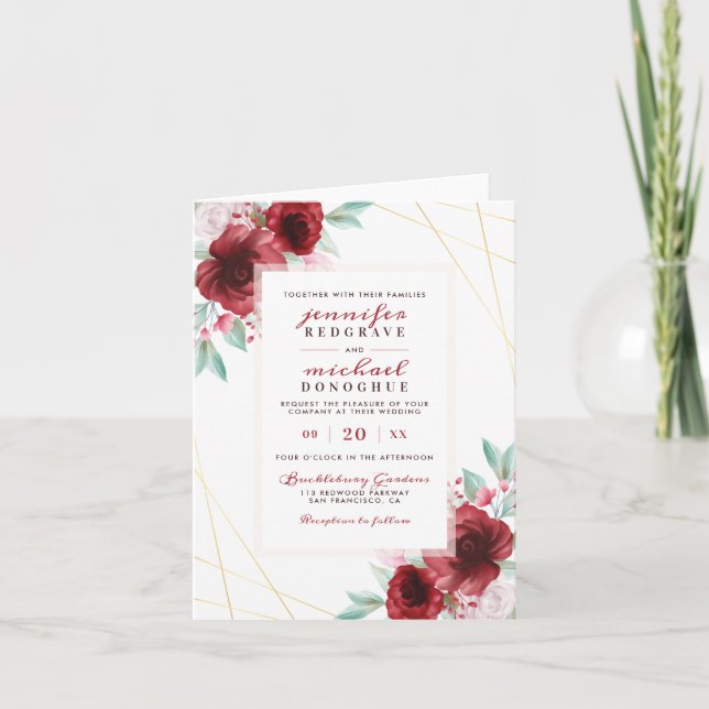 Invitación Elegante Merlot Glamoroso Boda Geométrico de Flore (Anverso)