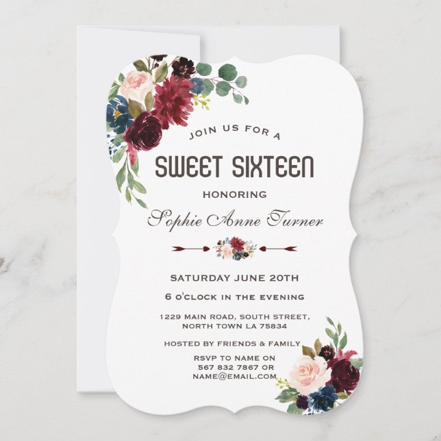 Invitación Elegante Merlot Navy Blue Floral Sweet 16 (Anverso)
