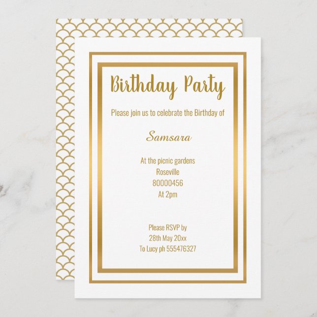 INVITACIÓN ELEGANTE MERMAID DE ORO INSPIRADO EN TODAS LAS OCA (Anverso / Reverso)