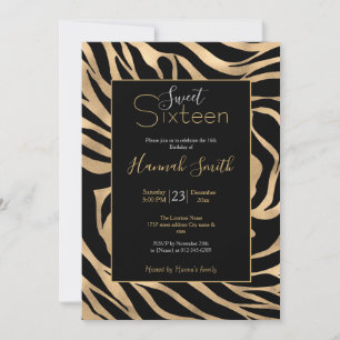 Invitación Elegante metal dorado Zebra Black Animal Print