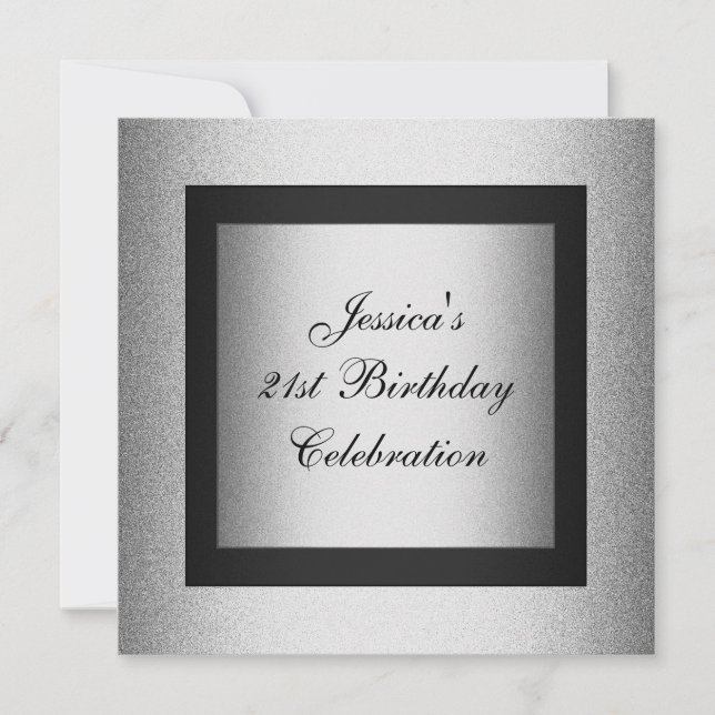 Invitación Elegante Metálico 21º cumpleaños negro y plateado (Anverso)