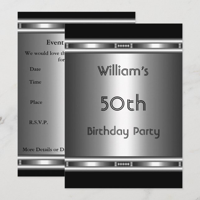 Invitación Elegante metalizado Aspecto plateado Negro 50 años (Anverso / Reverso)