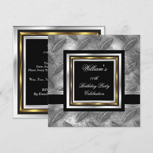 Invitación Elegante Metalizado de cumpleaños dorado negro de  (Anverso / Reverso)