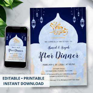 Invitación Elegante Mezquita Acuarela Azul Fiesta Iftar de Ra