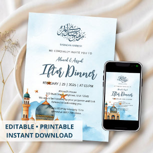 Invitación Elegante Mezquita de Acuarela Azul Ramadan Iftar