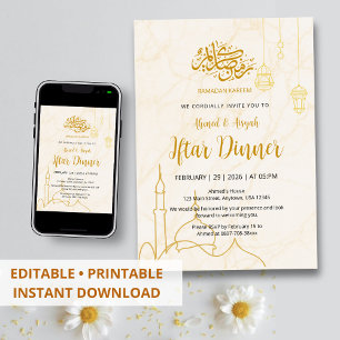 Invitación Elegante Mezquita de Oro Mármol Cena de Iftar de R