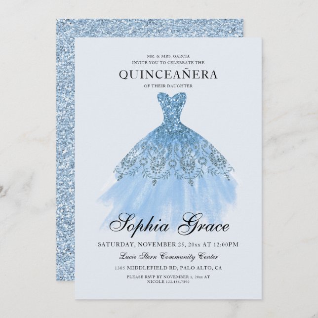 Invitación Elegante Mi Purpurina Azul Quinceañera (Anverso / Reverso)