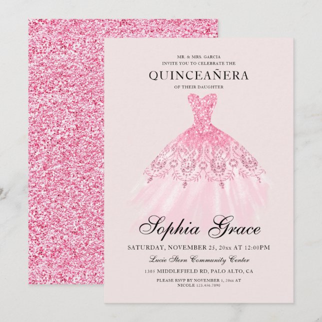 Invitación Elegante Mi Purpurina Rosa Quinceañera (Anverso / Reverso)