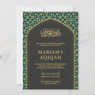 Invitación Elegante Mihrab Islámico Gris Verde Teal Oro Aqiqa