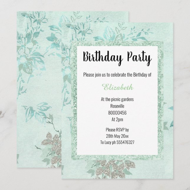 INVITACIÓN ELEGANTE MINA VERDE FLORAL ABURRIDO CUMPLEAÑOS (Anverso / Reverso)