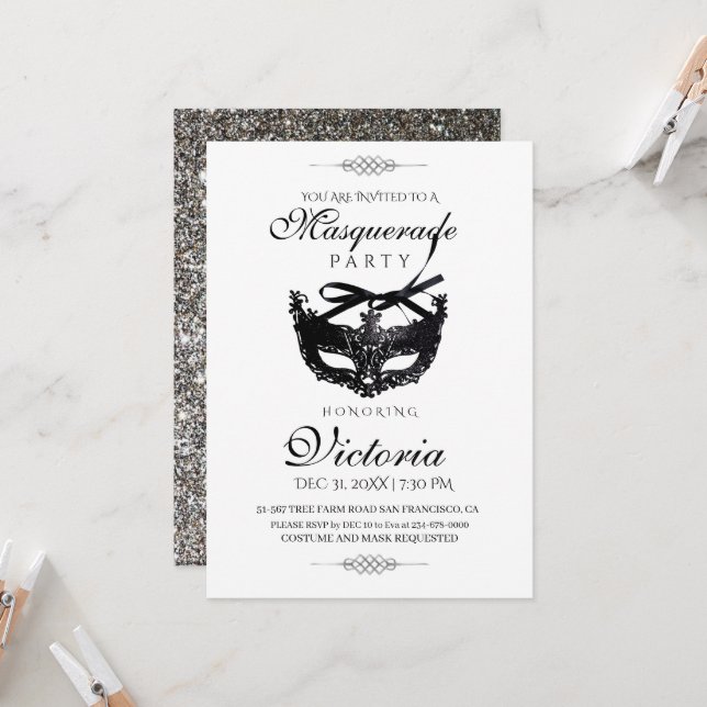 Invitación Elegante Minimalis Silver Masquerade Fiesta Cumple (Anverso/Reverso In Situ)