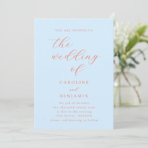 Invitación Elegante Minimalista Boda Caligrafía Azul Naranja