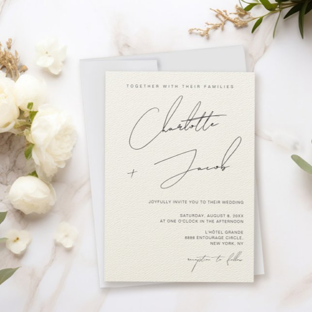 Invitación Elegante Minimalista Boda Marfil  (Elegant Chic Minimalist Handlettering script names Ivory wedding invitation)