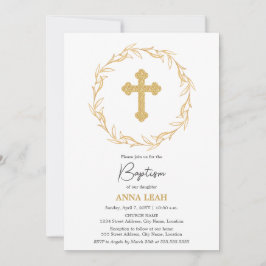 Invitación Elegante Minimalista Corona de Cruz de Oro Bautizo