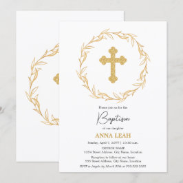 Invitación Elegante Minimalista Corona de Cruz de Oro Bautizo