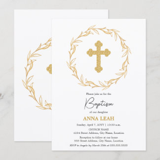 Invitación Elegante Minimalista Corona de Cruz de Oro Bautizo