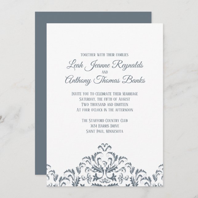 Invitación Elegante Minimalista Dusty Blue Damask (Anverso / Reverso)