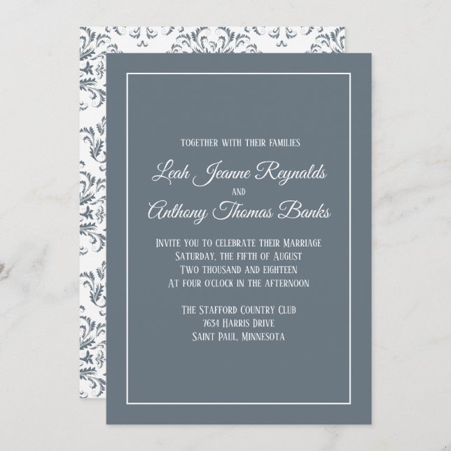 Invitación Elegante Minimalista Dusty Blue Damask (Anverso / Reverso)