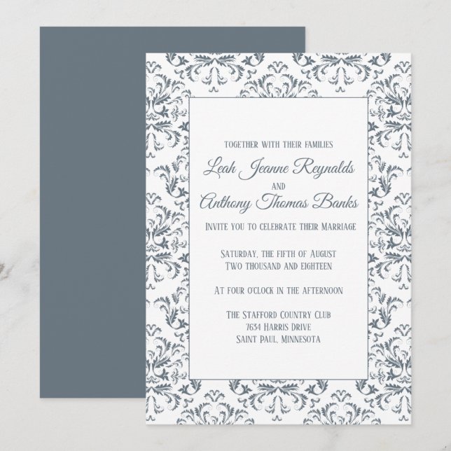 Invitación Elegante Minimalista Dusty Blue Damask (Anverso / Reverso)
