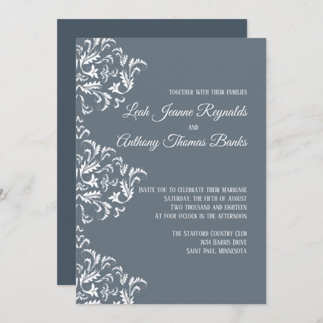 Invitación Elegante Minimalista Dusty Blue Damask (Anverso / Reverso)