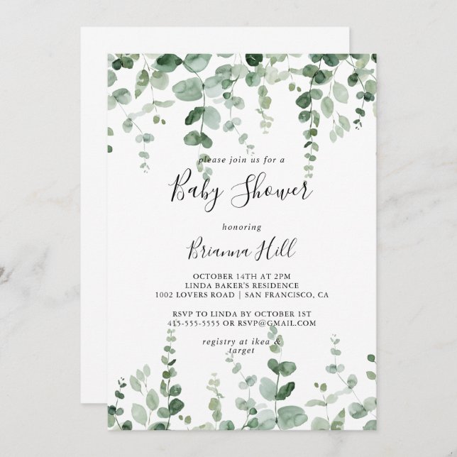 Invitación Elegante Minimalista Eucalipto Baby Shower (Anverso / Reverso)