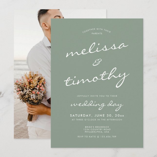 Invitación Elegante Minimalista guión Sage Green Boda (Anverso / Reverso)