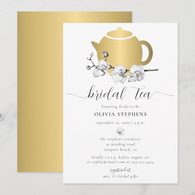 Invitación Elegante Minimalista Oro Pot Oro Orquídea Té de no (Anverso / Reverso)