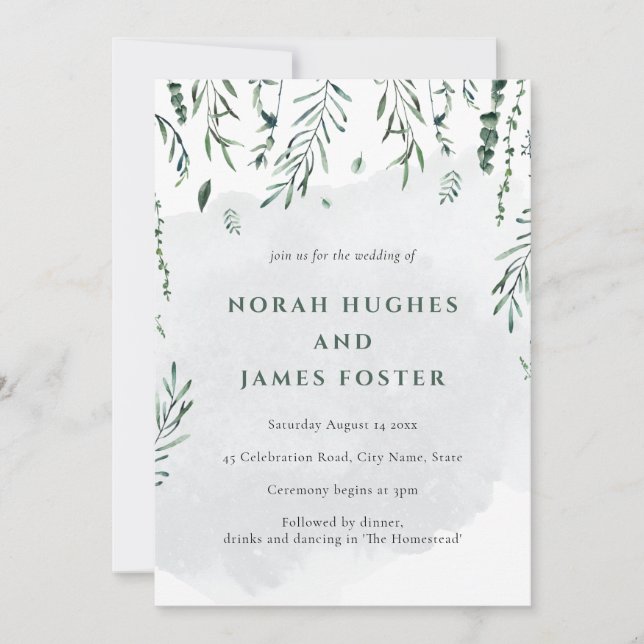 Invitación Elegante minimalista Sencilla de hojas de acuarela (Anverso)