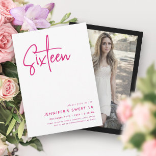 Invitación Elegante Mínimo Blanco Rosa Caliente Foto Dulce 16