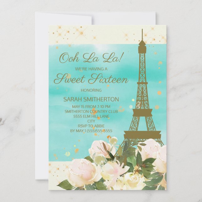 Invitación Elegante Mint Gold Eiffel Tower Paris Sweet 16 (Anverso)
