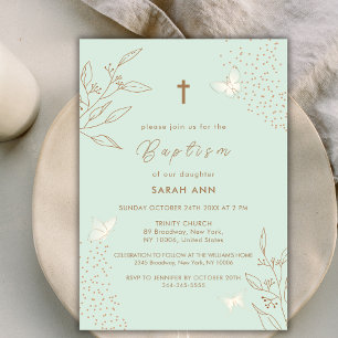 Invitación Elegante Mint Gold Sale Baptismo de la Cruz de Mar