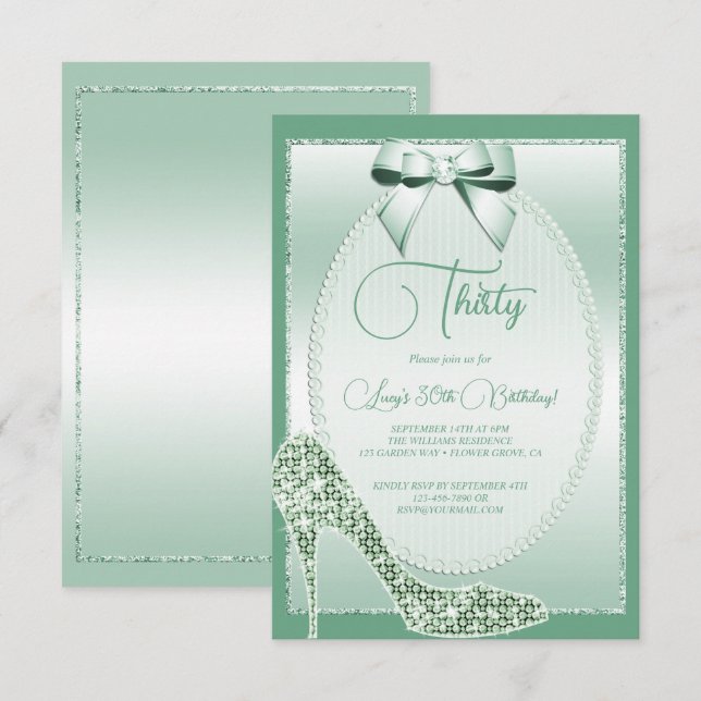 Invitación Elegante Mint Green Bow & Stiletto Cumpleaños (Anverso / Reverso)