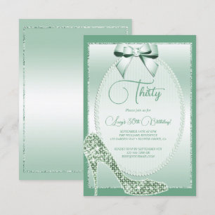 Invitación Elegante Mint Green Bow & Stiletto Cumpleaños
