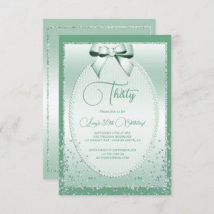 Invitación Elegante Mint Green Jeweld Bow & Confetti Cumpleañ