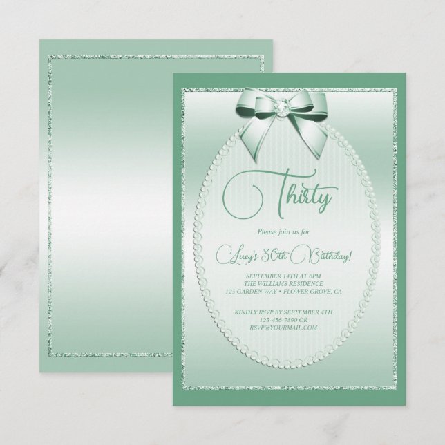 Invitación Elegante Mint Green Jeweld Bow Cumpleaños (Anverso / Reverso)