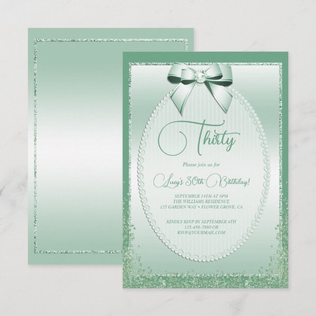 Invitación Elegante Mint Green Jeweld Bow & Purpurina Cumplea (Anverso / Reverso)