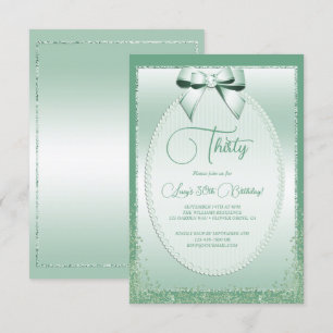 Invitación Elegante Mint Green Jeweld Bow & Purpurina Cumplea