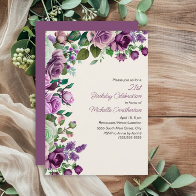 Invitación Elegante Mint Green Purple Floral 21 cumpleaños (Purple floral 21st birthday party invitation)
