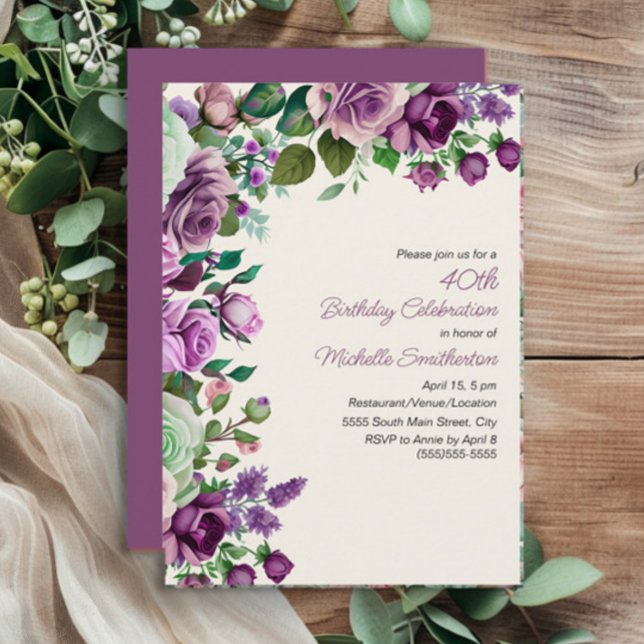Invitación Elegante Mint Green Purple Floral 40 cumpleaños (Purple floral and mint green leaves 40th birthday party invitation)