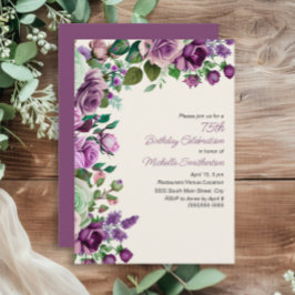 Invitación Elegante Mint Green Purple Floral 75º cumpleaños