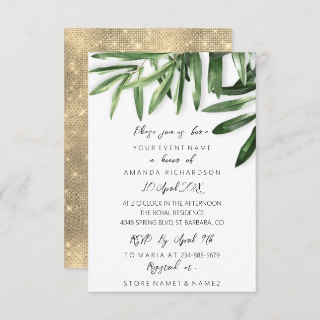 Invitación Elegante Mint Tropical Sage Green Gold White (Anverso / Reverso)