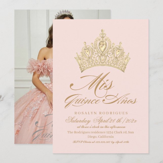 Invitación Elegante Mis Quince Anos Foto Oro Rosa (Anverso / Reverso)