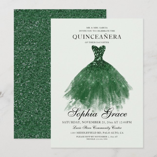 Invitación Elegante Mis Quince Green Purpurina Quinceañera (Anverso / Reverso)